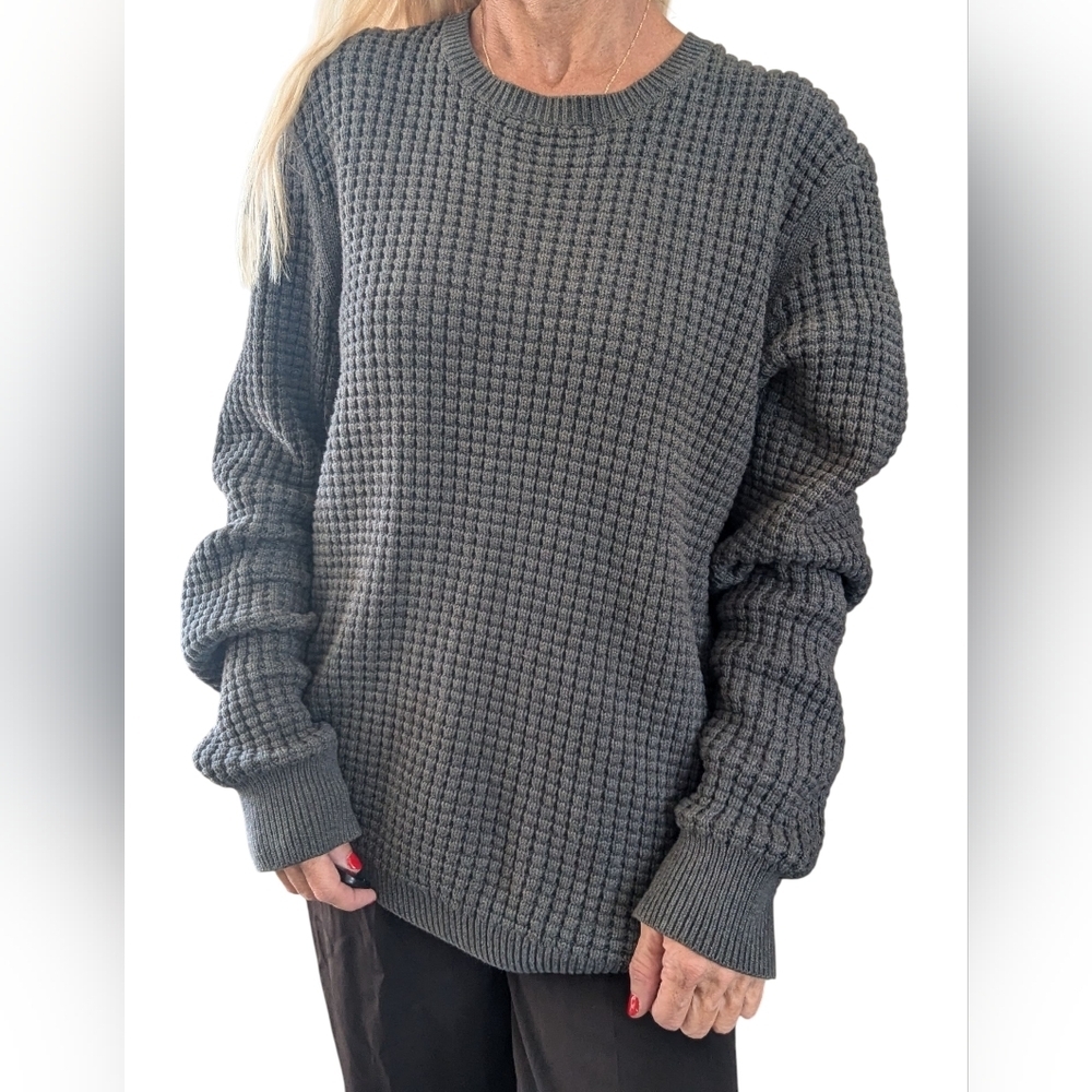 AllSaints Gray Waffle Knit Cotton Oversized Crewneck Sweater Pullover Size M